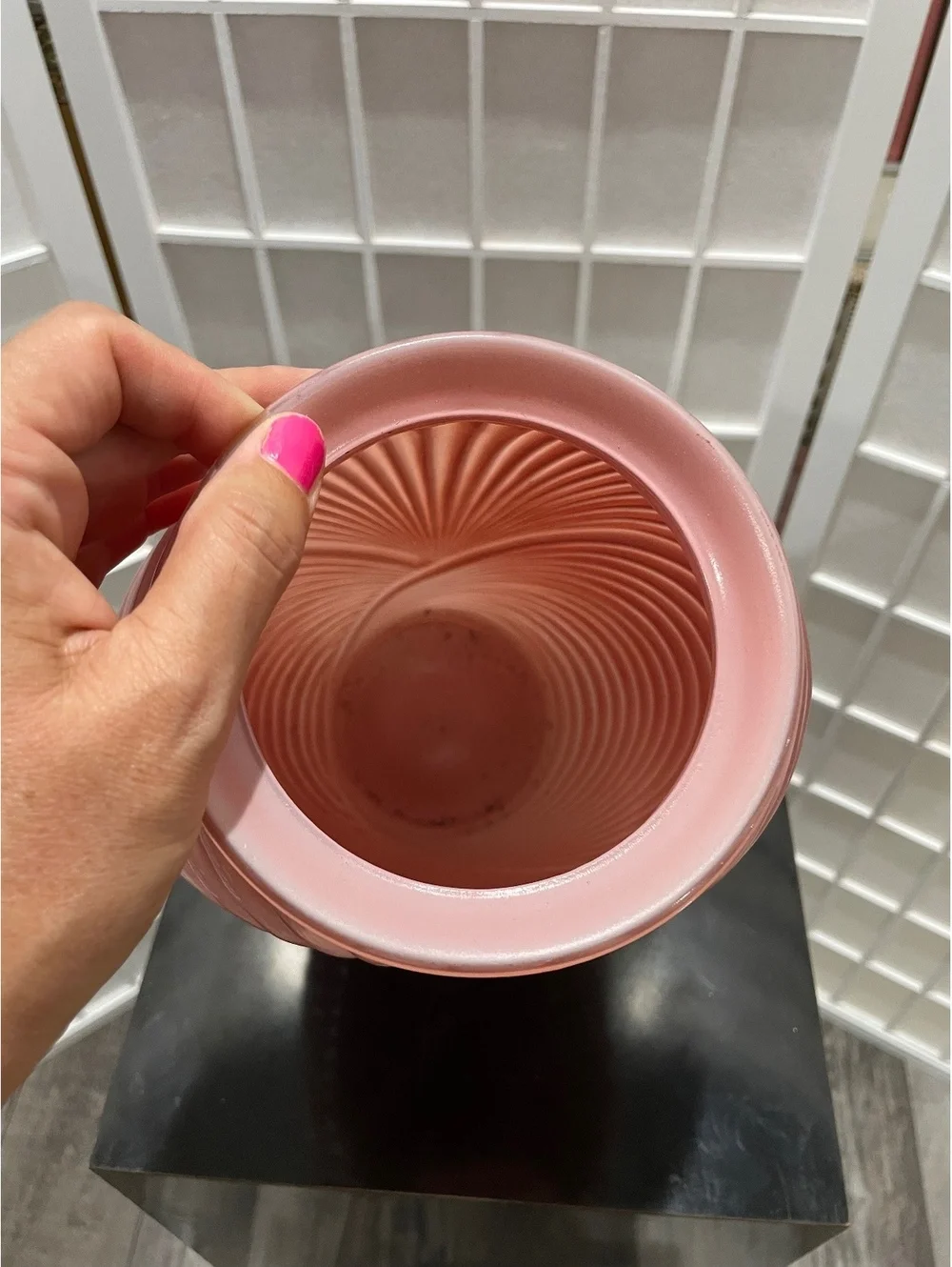 Vintage Pink Glass Art Deco Style Vase with Ribbed Design